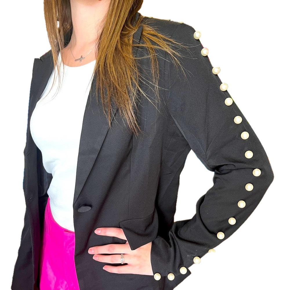 Why Dress Black Pearl Studded Blazer Jacket Medium Edgy Classy Elegant Chic NWT